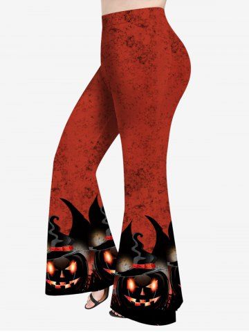 Plus Size Halloween Costume Hat Pumpkin Latern Tomb Eyes Print Flare Pants - RED - 6X