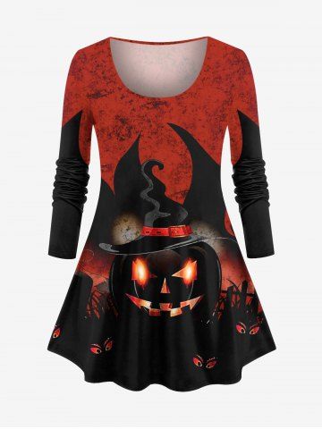 Plus Size Halloween Costume Hat Pumpkin Latern Tomb Eyes Print T-shirt - RED - 2X