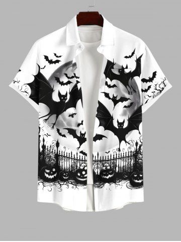 Plus Size Pumpkin Bat Fence Moon Print Halloween Button Pocket Shirt For Men - WHITE - S