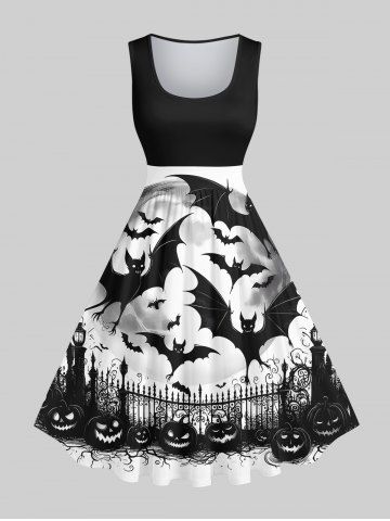 Plus Size Pumpkin Bat Fence Moon Print Halloween Costume Vintage Swing A Line Dress - BLACK - 5X