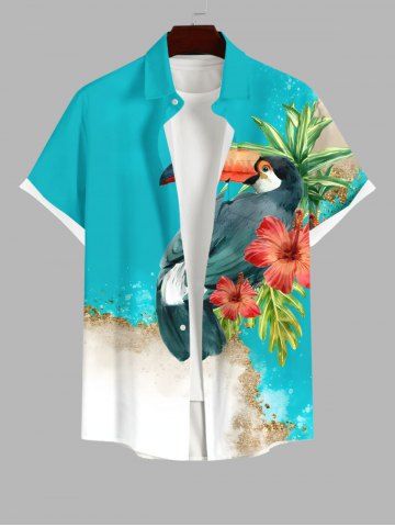 Plus Size Parrot Floral Tropical Leaf Sea Beach Print Hawaii Button Pocket Shirt For Men - GREEN - 3XL