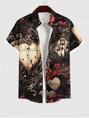 Plus Size Rose Flower Heart Letters Print Halloween Button Pocket Shirt For Men - BLACK - S