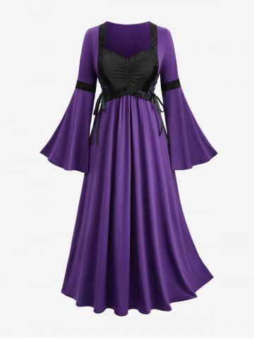 Plus Size Flare Sleeves Lace Up Ruched Two Tone Patchwork Vintage A Line Midi Dress - PURPLE - 5X | US 30-32