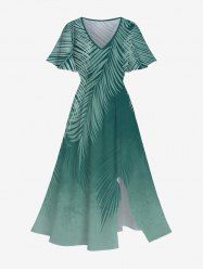 Plus Size Tropical Palm Tree Leaf Ombre Print Split Hawaii Midi Dress -  
