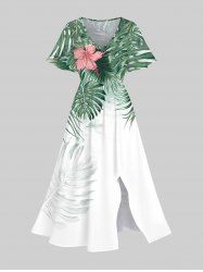 Plus Size Tropical Palm Leaf Hibiscus Flower Print Split Hawaii Midi Dress -  
