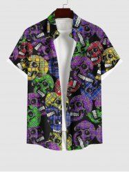 Plus Size Colorful Plaid Skulls Print Halloween Button Pocket Shirt For Men -  