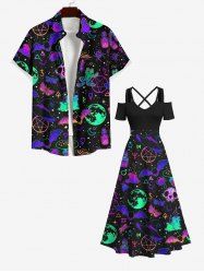 Halloween Costume Ombre Skull Bat Butterfly Moon Star Galaxy Planet Mushroom Print Plus Size Matching Set For Couples -  