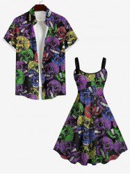 Halloween Costume Colorful Plaid Skulls Print Plus Size Matching Set For Couples -  