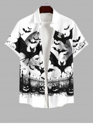 Plus Size Pumpkin Bat Fence Moon Print Halloween Button Pocket Shirt For Men -  