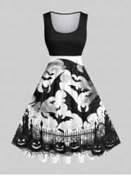 Plus Size Pumpkin Bat Fence Moon Print Halloween Costume Vintage Swing A Line Dress -  