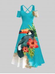 Plus Size Parrot Floral Tropical Leaf Sea Beach Print Hawaii Crisscross A Line Maxi Dress -  