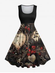 Robe Trapèze D'Halloween Rose Cœur Lettre Imprimés de Grande Taille - Noir L