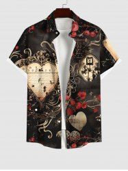 Plus Size Rose Flower Heart Letters Print Halloween Button Pocket Shirt For Men -  