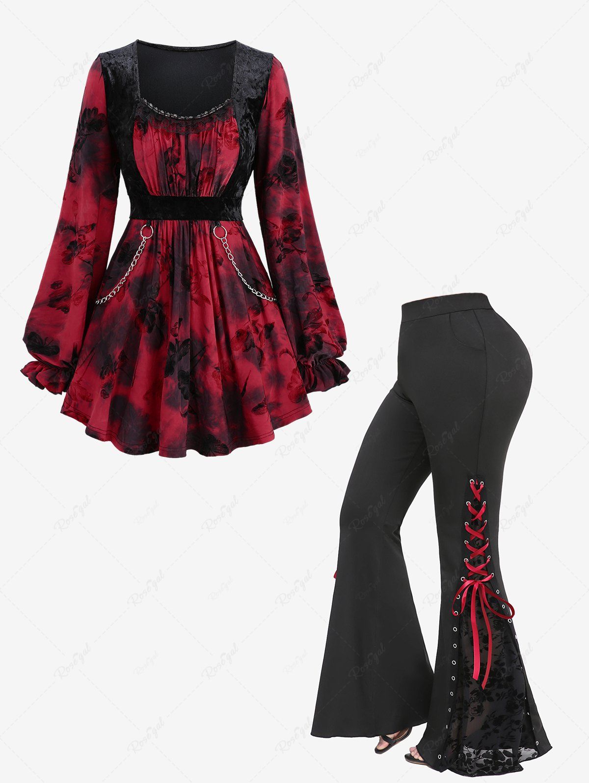 Haut Grande Taille à Col Plongeant en Velours avec Poches à Lacets Rouge 
