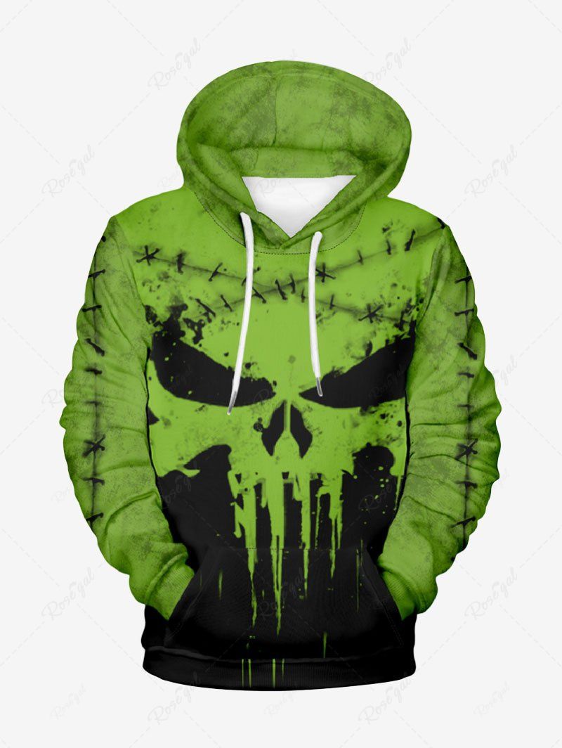 Sweat à Capuche Imprimé Crâne et Fleurs 3D avec Poche Kangourou Grande Taille Vert 8XL