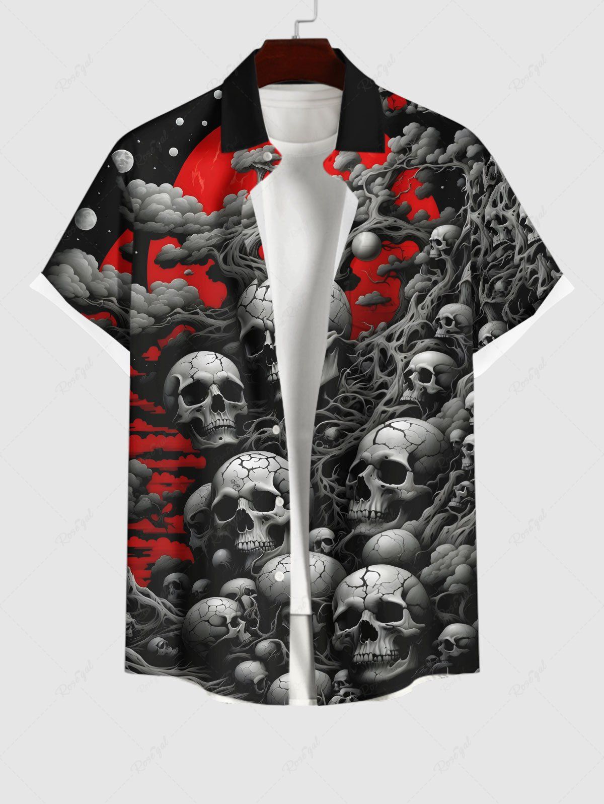 Online Plus Size Halloween Costume Skulls Tree Cloud Galaxy Print Buttons Pocket Shirt For Men  