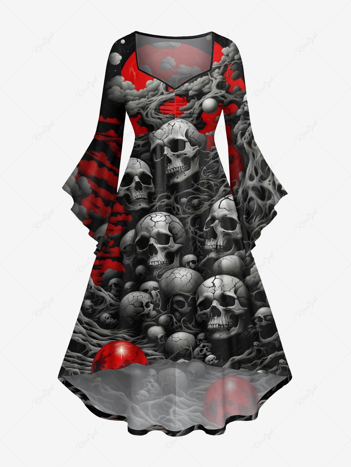 Robe D'Halloween Haute Basse Crâne Arbre Imprimés à Manches Evasées Grande Taille à Volants Noir 1X