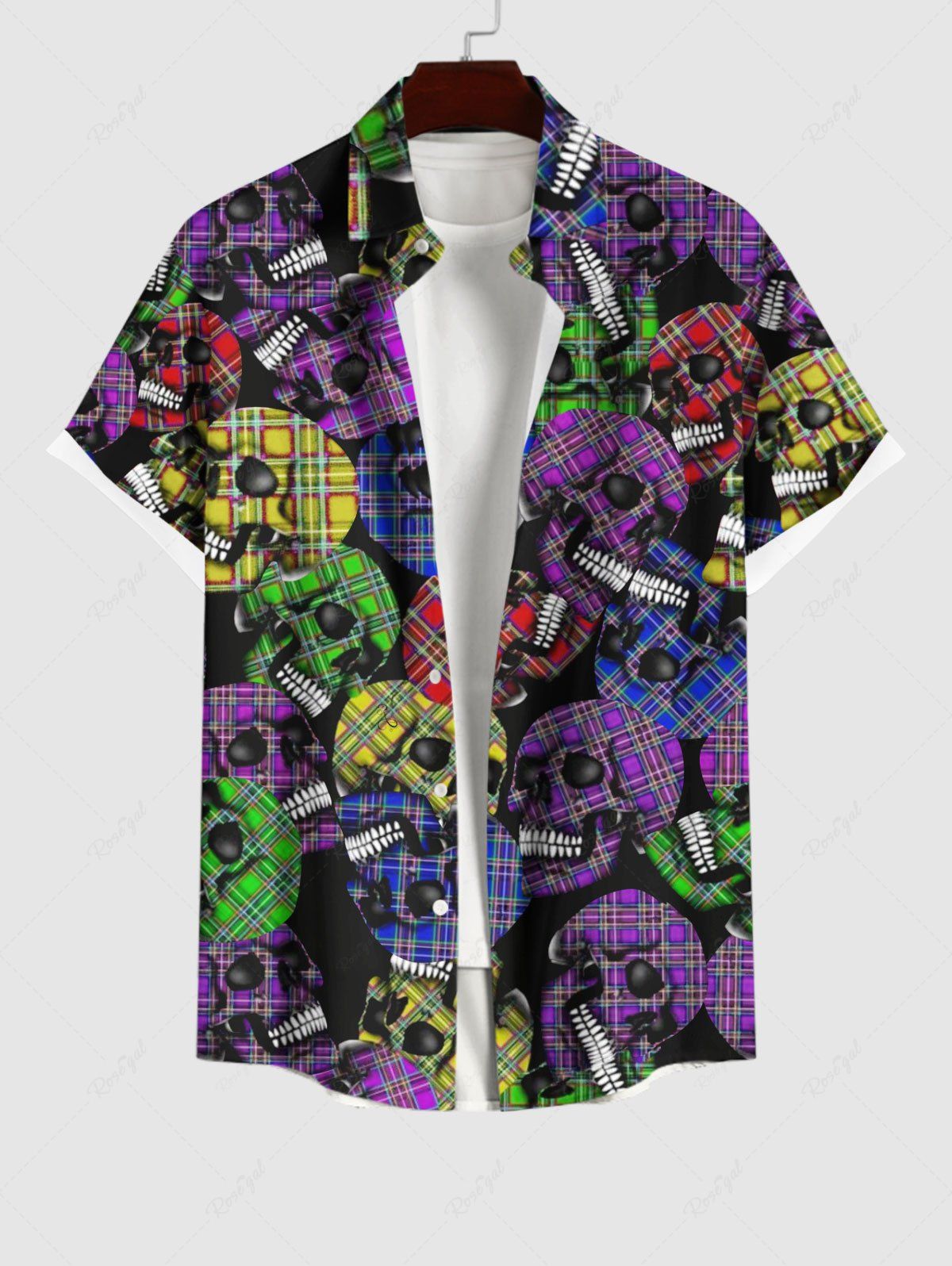 Store Plus Size Colorful Plaid Skulls Print Halloween Button Pocket Shirt For Men  
