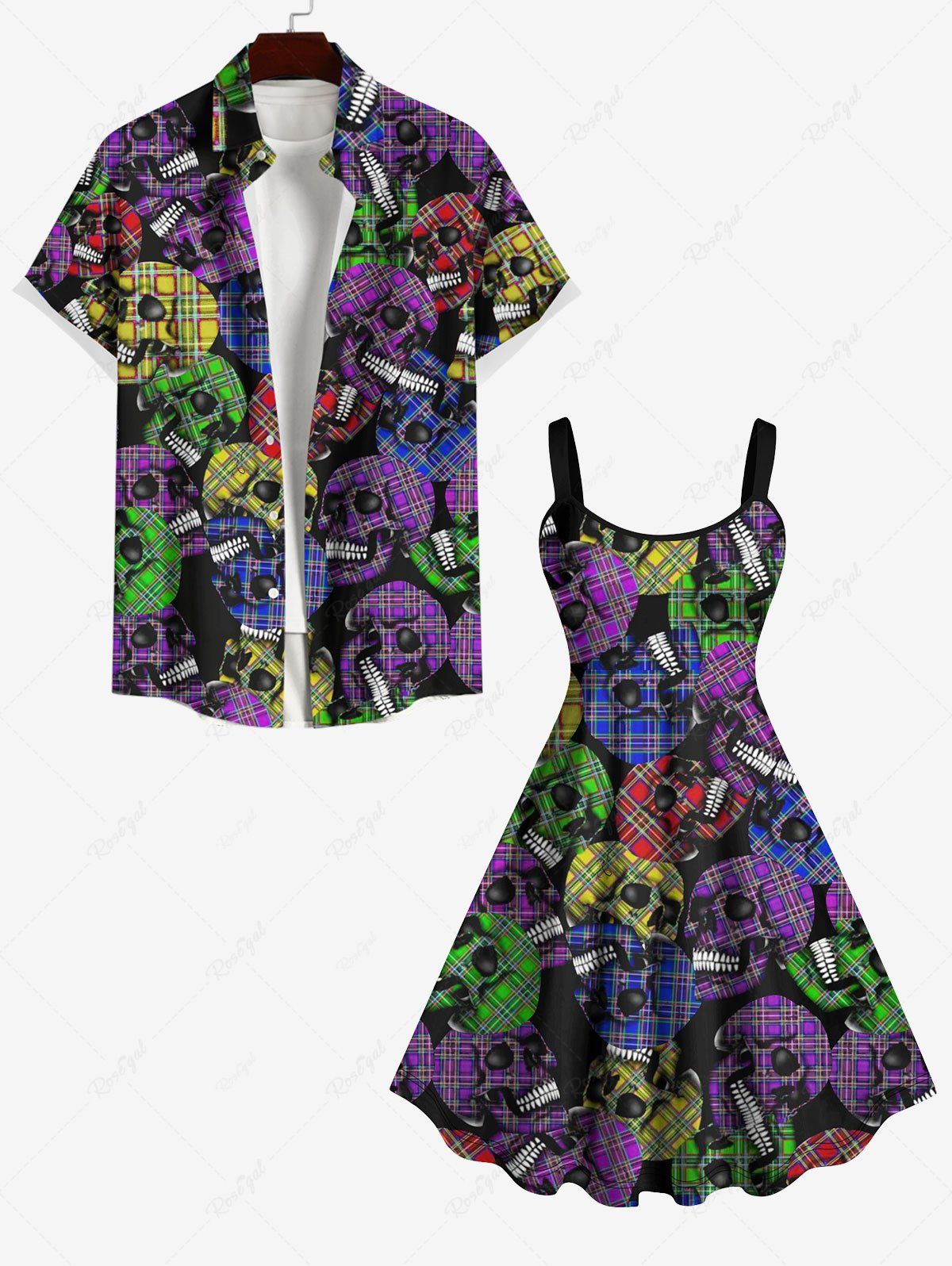 Sale Halloween Costume Colorful Plaid Skulls Print Plus Size Matching Set For Couples  
