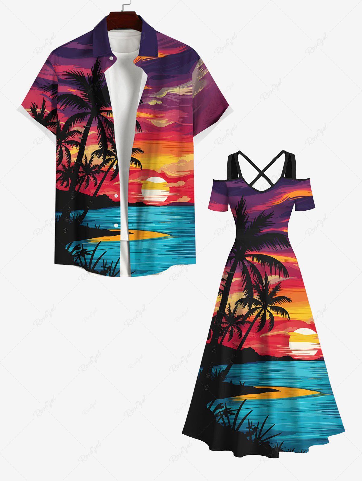 Contrastant Imprimé Cocotier et Coucher du Soleil Derrière la Plage Grande Taille pour Couples Multi-A 