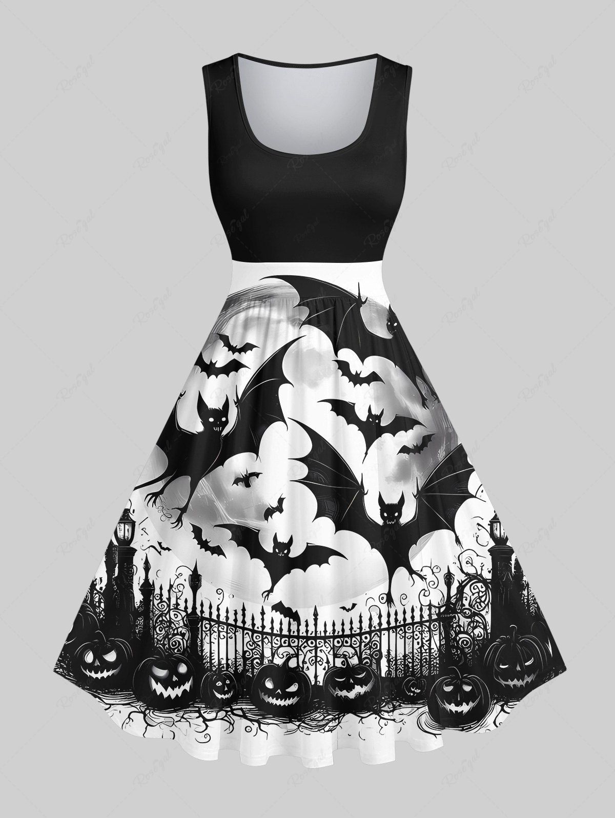 Trendy Plus Size Pumpkin Bat Fence Moon Print Halloween Costume Vintage Swing A Line Dress  