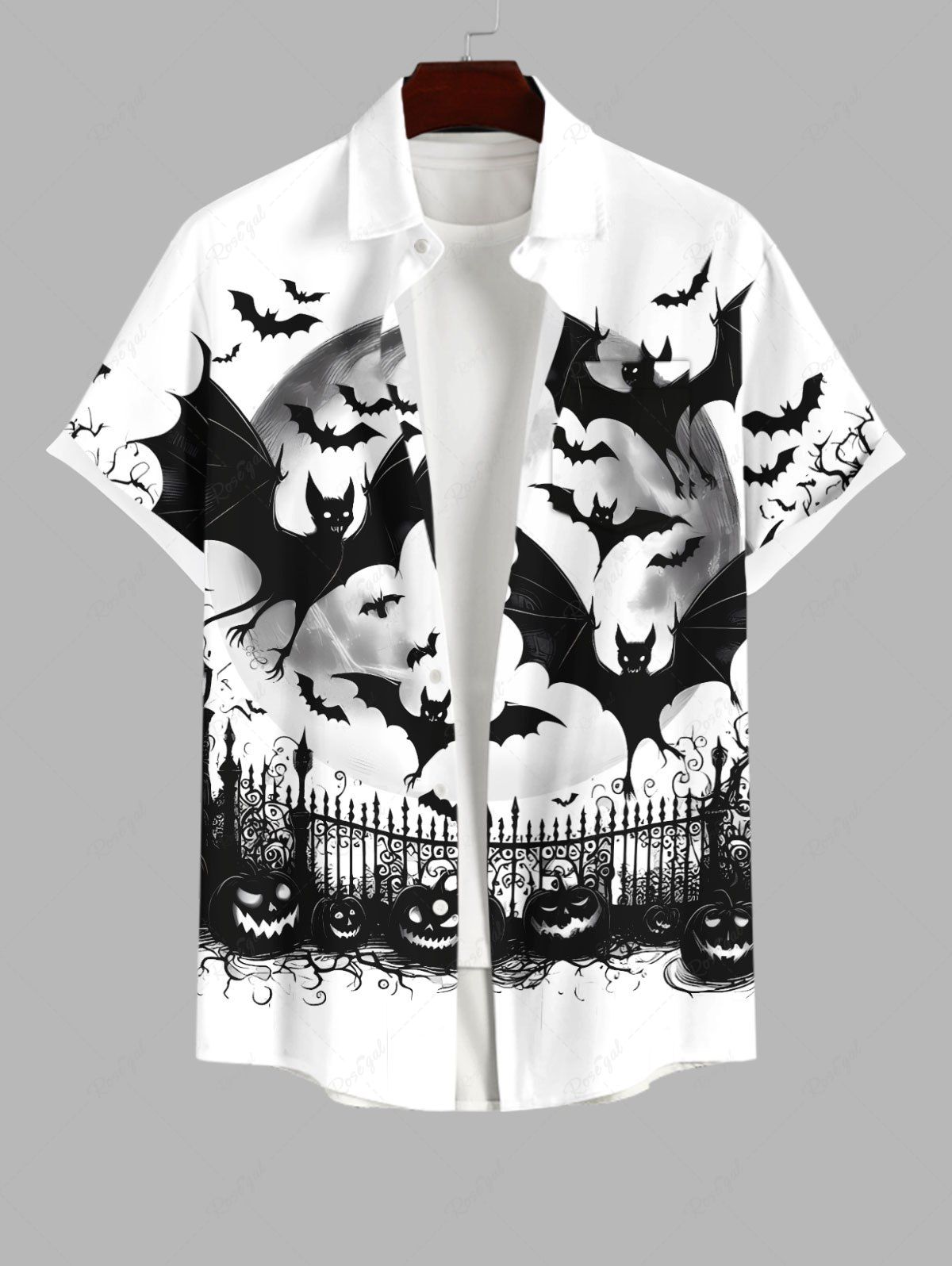 Trendy Plus Size Pumpkin Bat Fence Moon Print Halloween Button Pocket Shirt For Men  
