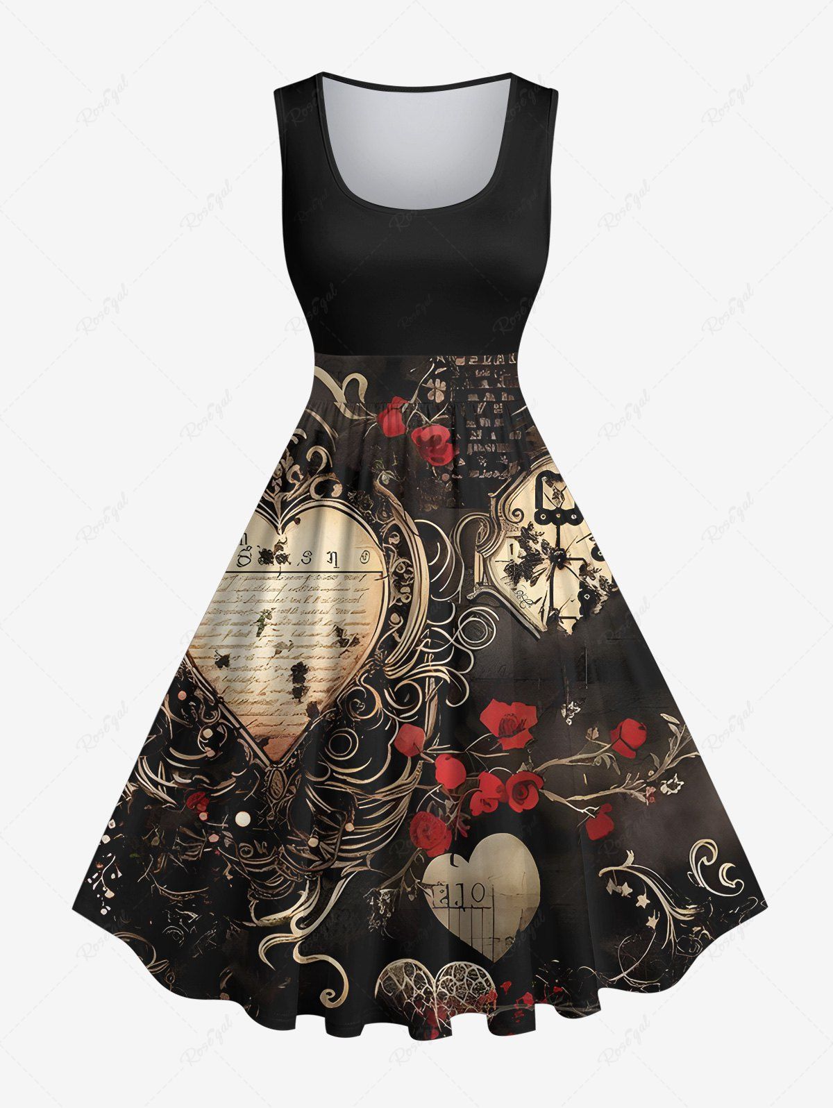Robe Trapèze D'Halloween Rose Cœur Lettre Imprimés de Grande Taille Noir L