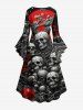 Robe D'Halloween Haute Basse Crâne Arbre Imprimés à Manches Evasées Grande Taille à Volants - Noir 1X