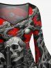 Robe D'Halloween Haute Basse Crâne Arbre Imprimés à Manches Evasées Grande Taille à Volants - Noir 1X