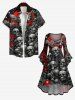 Robe D'Halloween Haute Basse Crâne Arbre Imprimés à Manches Evasées Grande Taille à Volants - Noir 1X