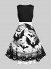Plus Size Pumpkin Bat Fence Moon Print Halloween Costume Vintage Swing A Line Dress -  