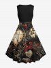 Robe Trapèze D'Halloween Rose Cœur Lettre Imprimés de Grande Taille - Noir L