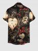 Plus Size Rose Flower Heart Letters Print Halloween Button Pocket Shirt For Men -  
