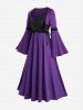 Plus Size Flare Sleeves Lace Up Ruched Two Tone Patchwork Vintage A Line Midi Dress -  