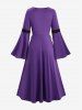 Plus Size Flare Sleeves Lace Up Ruched Two Tone Patchwork Vintage A Line Midi Dress -  