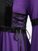 Plus Size Flare Sleeves Lace Up Ruched Two Tone Patchwork Vintage A Line Midi Dress -  