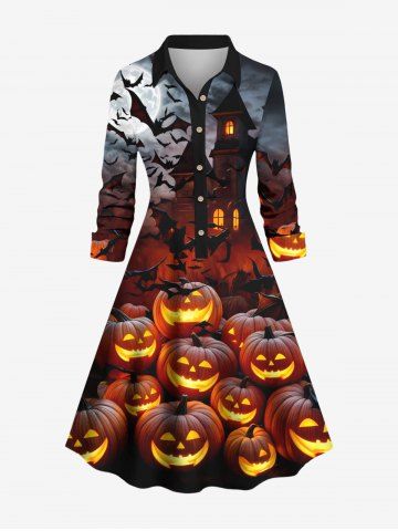 Plus Size Glitter Pumpkin Lantern Bat Castle Ombre Galaxy Moon Print Halloween Costume Button Shirt Dress - MULTI-A - 2X