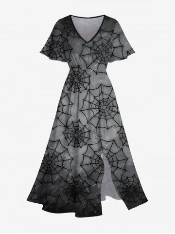 Plus Size Halloween Costume Spider Web Ombre Print Split Midi Dress - BLACK - L