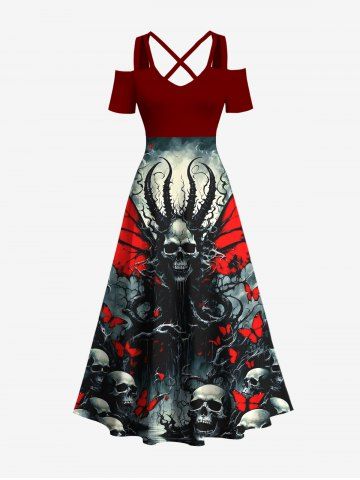 Plus Size Halloween Costume Skull Octopus Bloody Butterfly Print Cold Shoulder Crisscross Maxi Dress