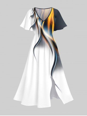 Plus Size Colorblock Glitter Light Beam 3D Print Split Hawaii Midi Dress