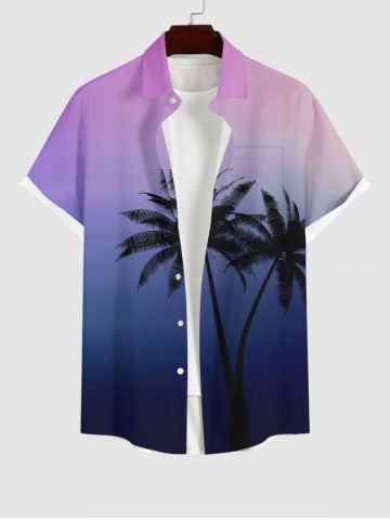 Plus Size Ombre Coconut Tree Print Buttons Pocket Hawaii Shirt For Men - PURPLE - S