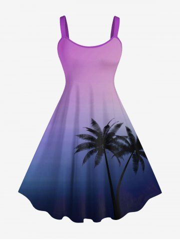 Plus Size Ombre Coconut Tree Print Hawaii Tank Dress - PURPLE - S