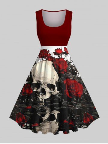 Plus Size Halloween Costume Rose Flower Skull Print 1950s Vintage Dress - RED - 6X