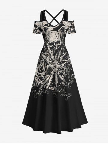 Plus Size Halloween Costume Skulls Print Cold Shoulder Crisscross Maxi Dress - BLACK - M