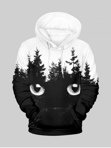 Plus Size Tree Forest Cat Print Halloween Pocket Drawstring Pullover Long Sleeves Hoodie For Men - BLACK - 4XL