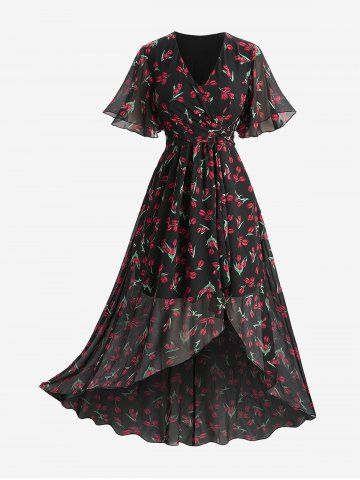 Plus Size Flowers Print Ruffles Surplice Tulip Hem Chiffon Dress - BLACK - L | US 12