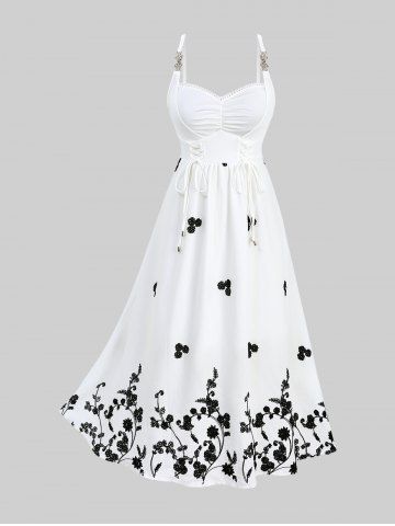 Plus Size Lace Up Ruched Floral Jacquard Embroidery Leaf Buckle Two Tone A Line Cami Dress - WHITE - 4X | US 26-28
