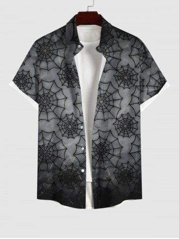 Plus Size Halloween Costume Spider Web Ombre Print Buttons Pocket Shirt For Men - BLACK - 2XL