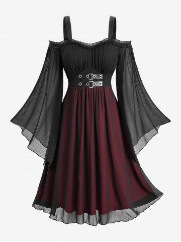 Plus Size Cold Shoulder Flare Sleeves PU Strap Buckle Grommet Layered Chiffon Ruched A Line Dress - BLACK - 4X | US 26-28