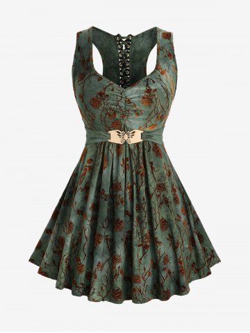 Débardeur grande taille à motif rose floqué, froncé, boucle papillon, œillets et laçage au dos - DEEP GREEN - 5X | US 30-32